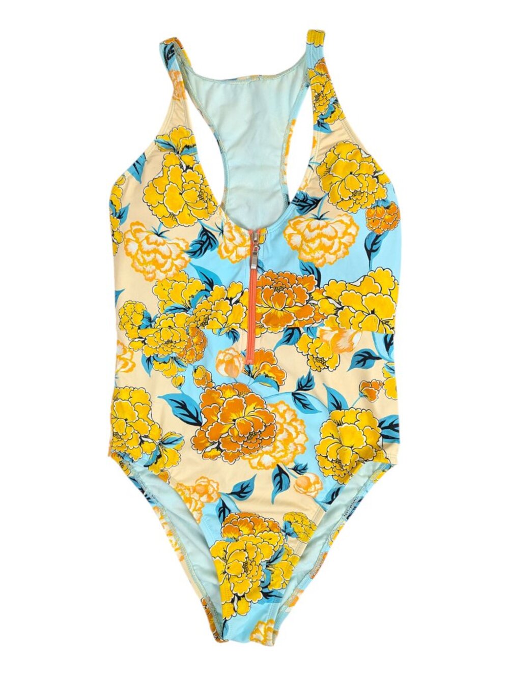 NEW Hobie Floral One Piece Swimsuit Blue Orange Half Zipper Racer Back Size M